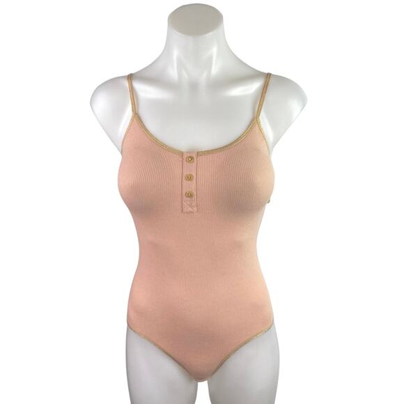 NEW YSE Pink Rib Knit Sleeveless Henley Button Cami Camisole Bodysuit Tank Top 6 - Picture 1 of 5